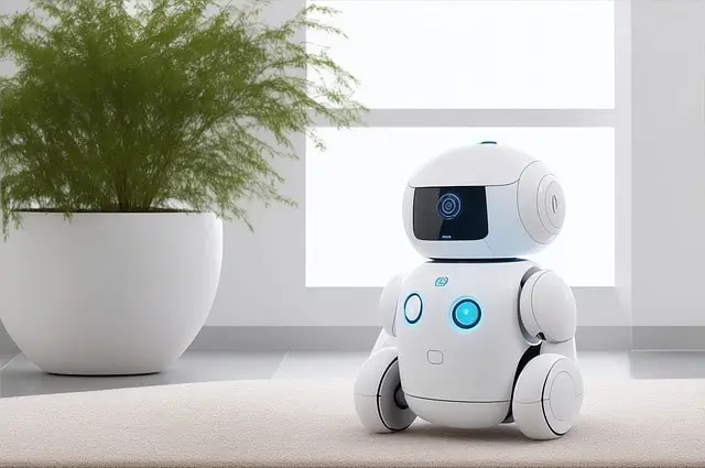 Small robot on table with potted fern