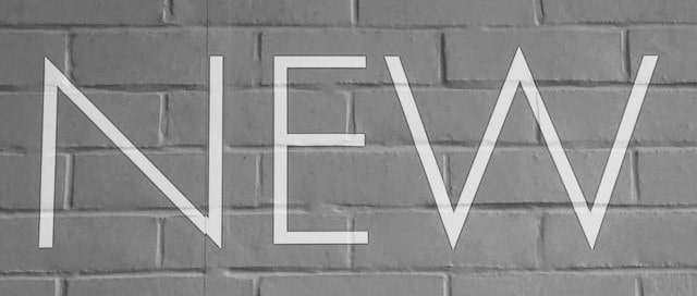 The word "new" in white caps painted on a grey brick wall.