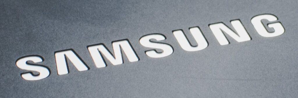 Samsung logo. White letters on grey background.