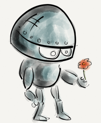 Drawing of simple robot holding a flower.